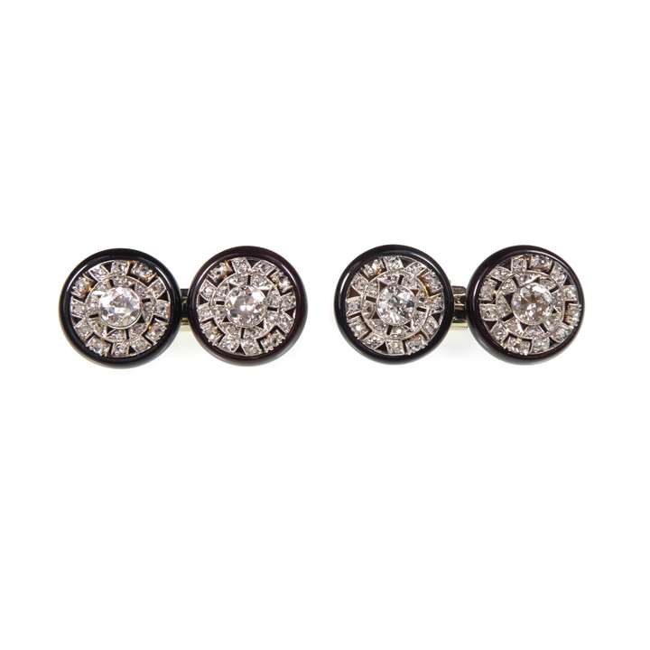 Pair of round diamond and onyx cluster cufflinks